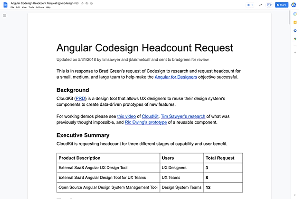 The first page of a headcount request written with the Angular team, ending in a table of options and the people each would need.