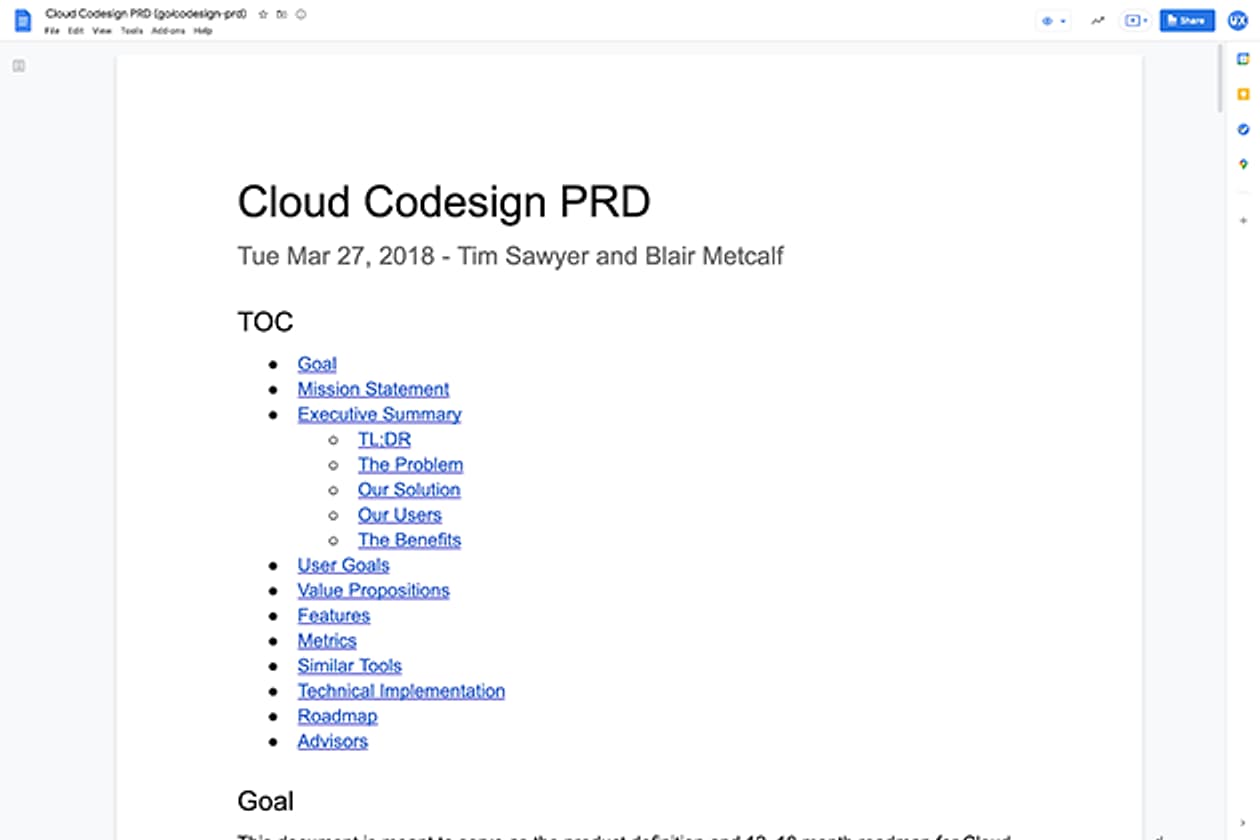 The first page of the Cloud Codesign product requirements document, with its table of contents.