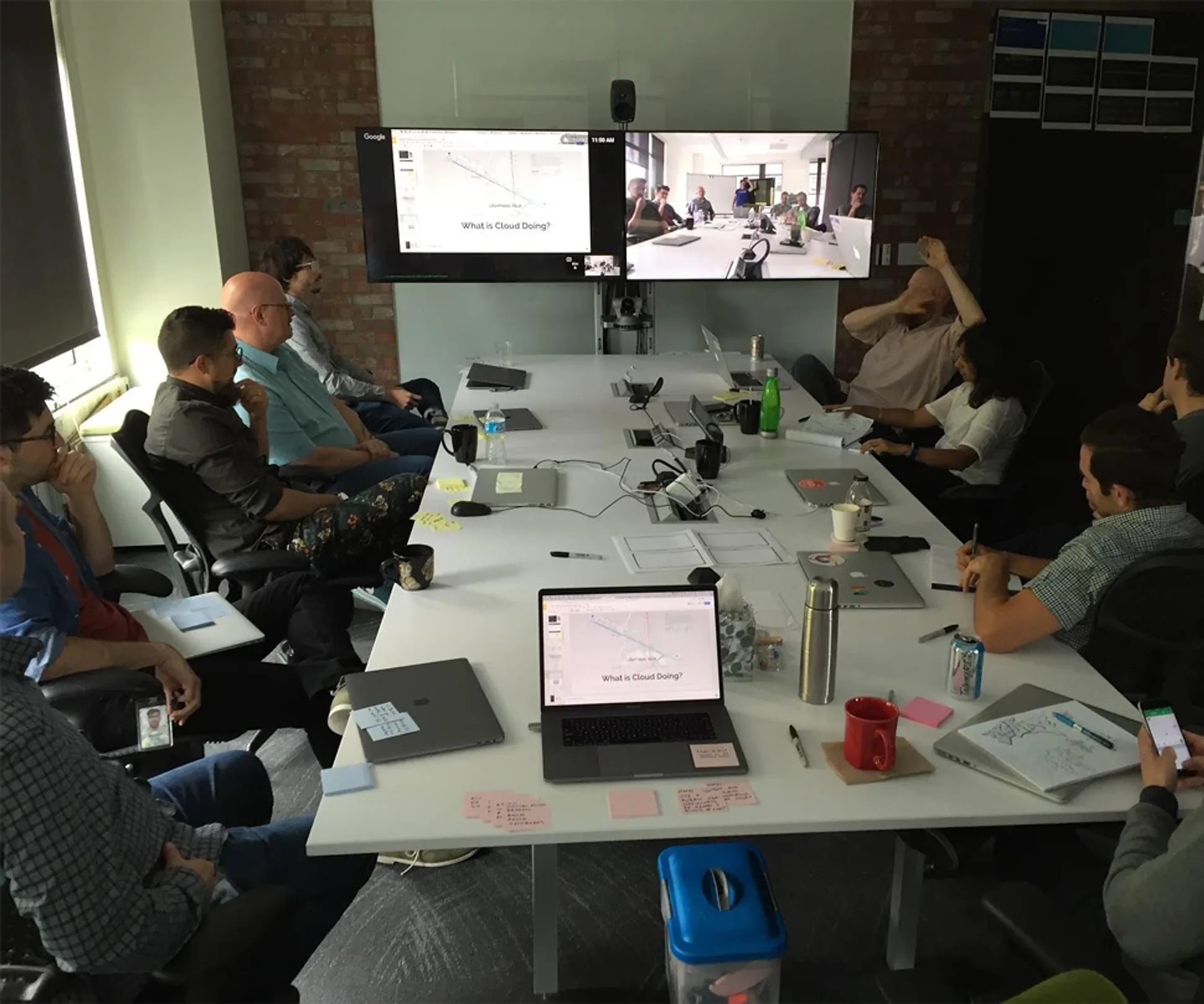A meeting room during the design sprint: people around a long table with laptops, a video call on the screens at the end.