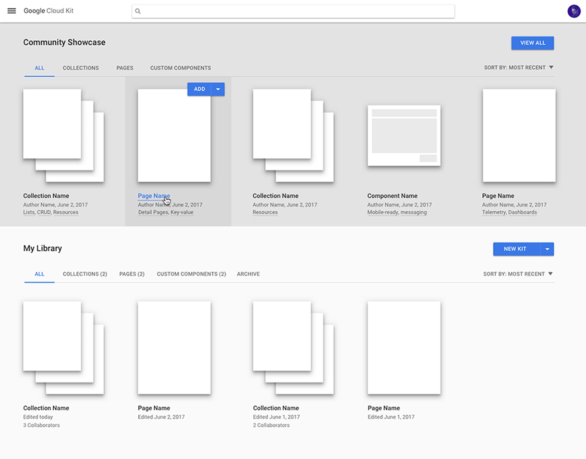 A wireframe of the landing page: shared prototypes in a showcase row above a grid of the user's own pages.