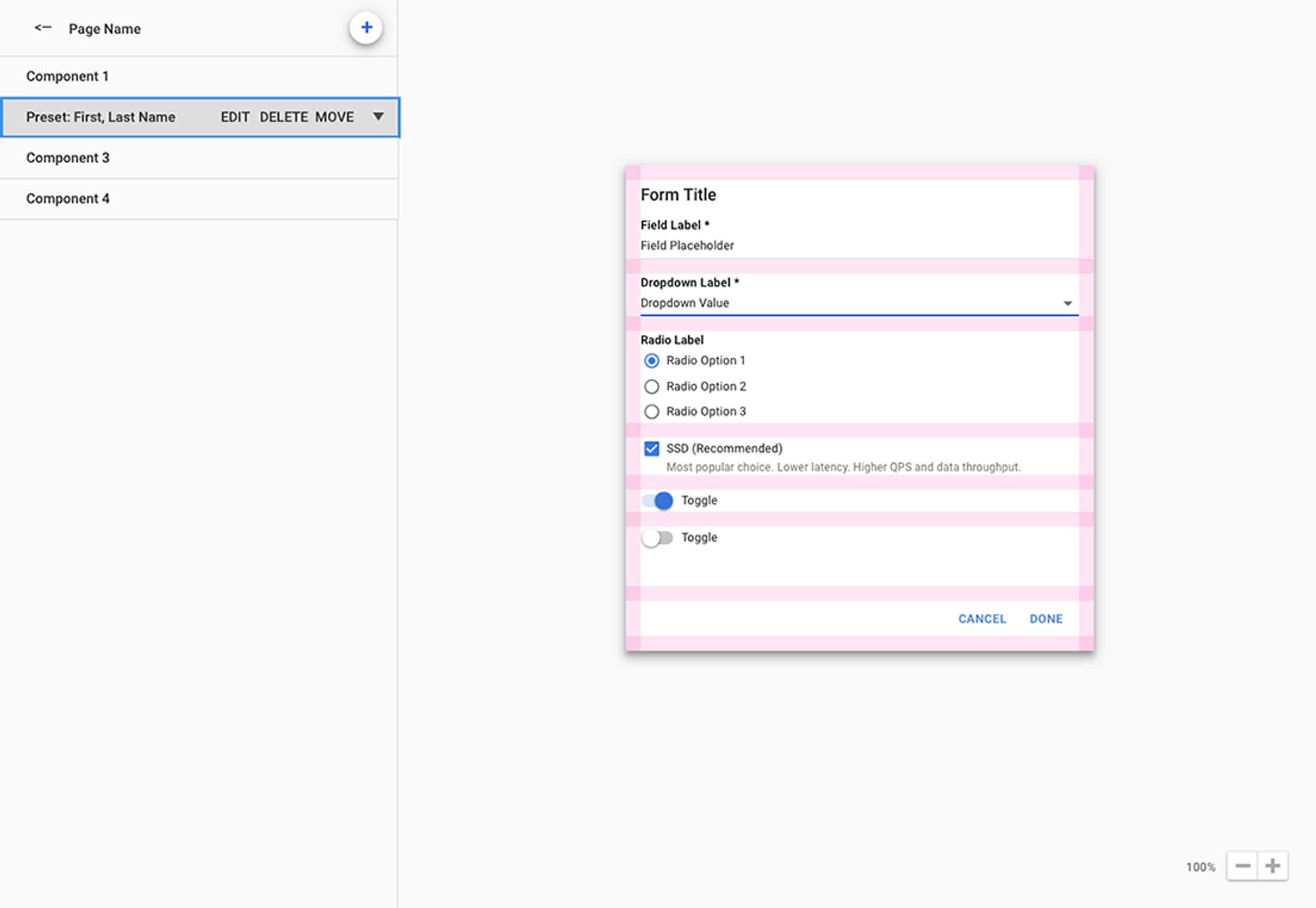 A wireframe of the editor: a layer tree on the left and a form being edited on the page, outlined in pink.
