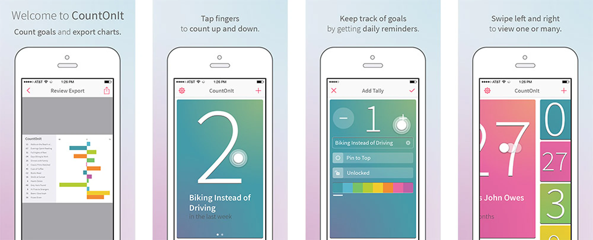 The App Store screenshots in a row, each a phone on a pastel gradient with a line of instruction above it: count goals and export charts, tap to count up and down, keep track with daily reminders, swipe to view one or many.