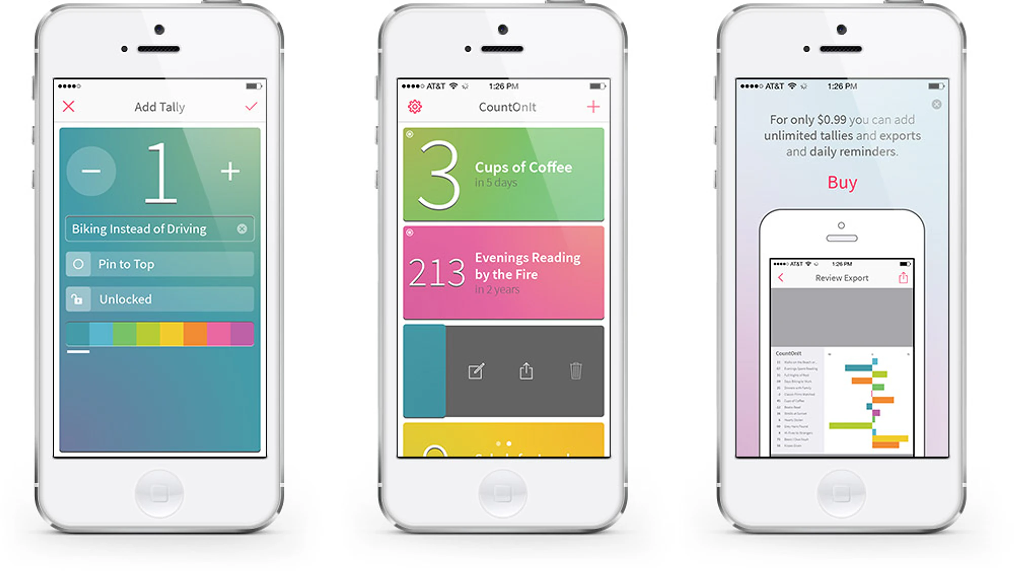 Three iPhone screens: adding a tally with minus and plus buttons and a row of colours to choose from, the list of tallies with one swiped aside to show its actions, and the screen that sells the export.