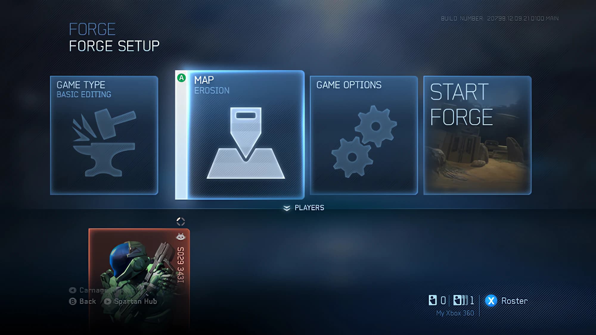 The Forge Setup screen: four large tiles for Game Type, Map, Game Options and Start Forge, with Map highlighted, and a player card below.