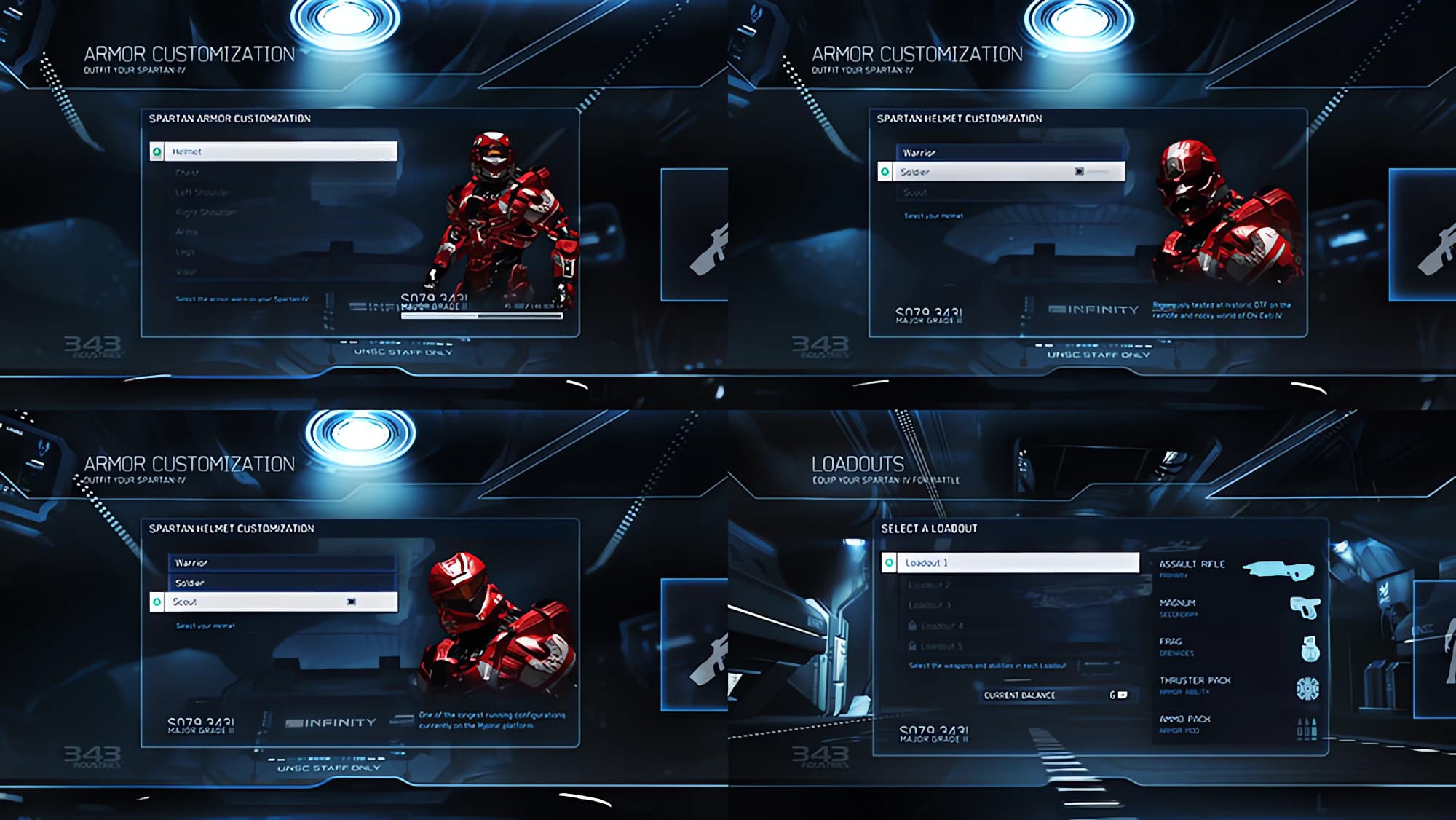 Four menu screens in a grid. Three show armor and helmet customization with a red Spartan turning beside the option list. The fourth shows a loadout with its weapons and abilities.