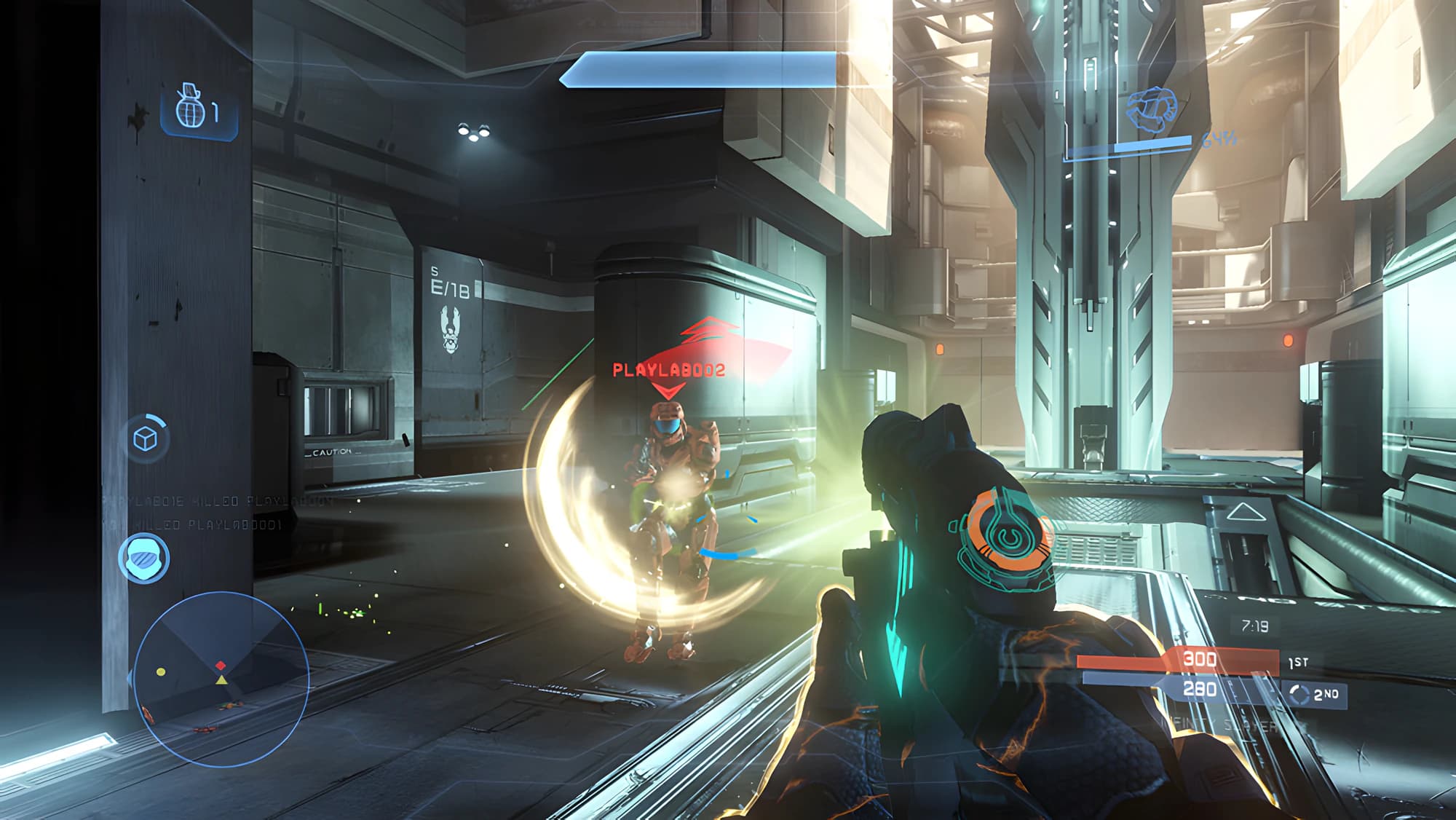 First-person view of an enemy Spartan leaping overhead in a bright corridor. The heads-up display shows the shield bar, grenades, motion tracker, ammunition and score.