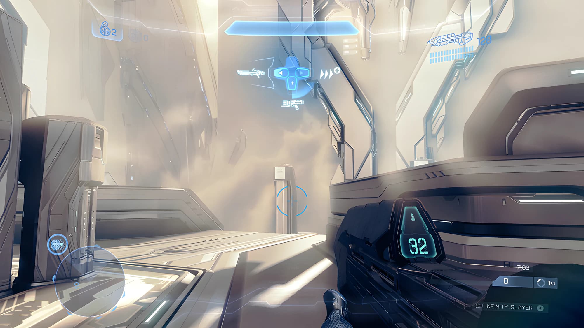 First-person view of a hazy, sunlit structure with a waypoint marker floating over a weapon in the distance. The ammunition count glows on the rifle and the game mode is labeled at bottom right.