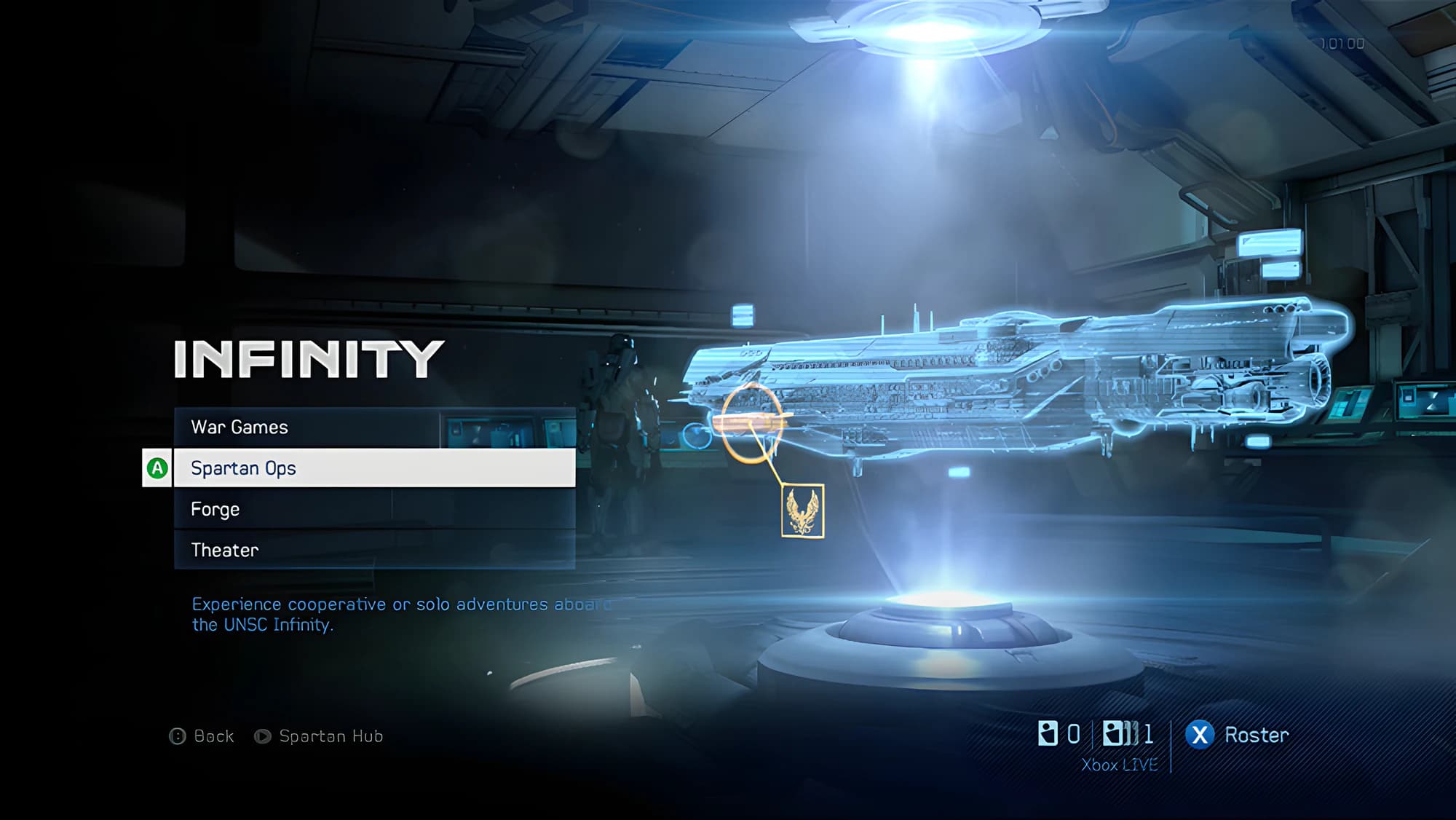 The Infinity menu. A list reading War Games, Spartan Ops, Forge and Theater, with Spartan Ops selected, beside a glowing blue hologram of a starship.