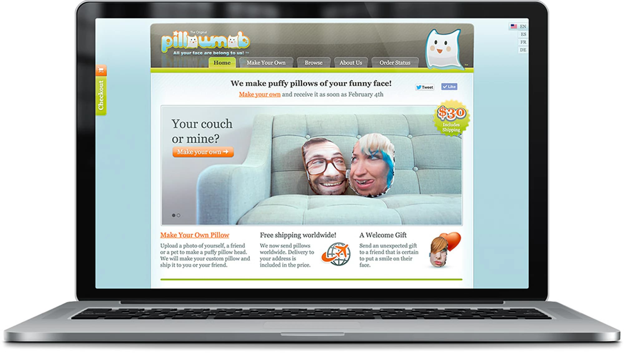 The PillowMob home page shown on a laptop. The headline reads "We make puffy pillows of your funny face!" above a photo of two face pillows on a sofa captioned "Your couch or mine?"