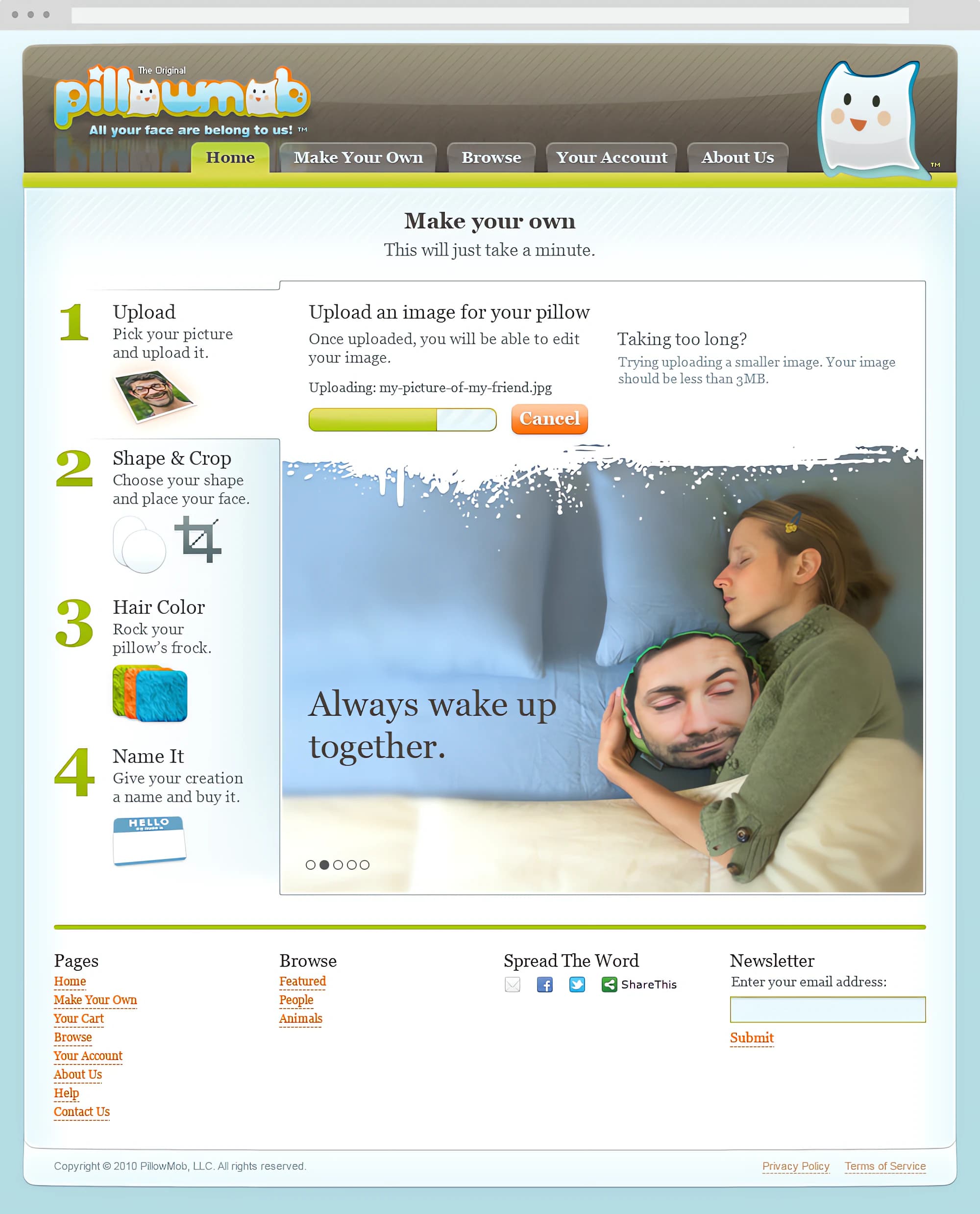 The "Make your own" page, with four numbered steps down the left: Upload, Shape & Crop, Hair Color, Name It. An upload progress bar sits above a photo of a woman asleep, hugging a pillow of a man's face, captioned "Always wake up together."