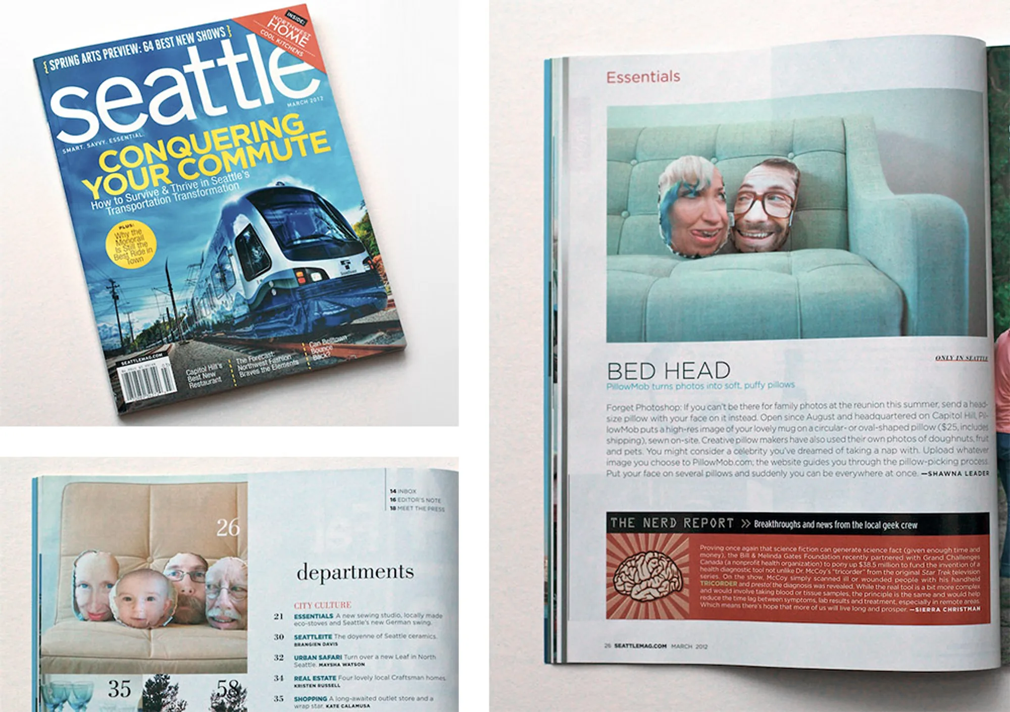 A copy of Seattle magazine beside two of its inside pages. One is a short feature titled "Bed Head" with the sofa photo of two face pillows. The contents page shows four more face pillows lined up on a couch.