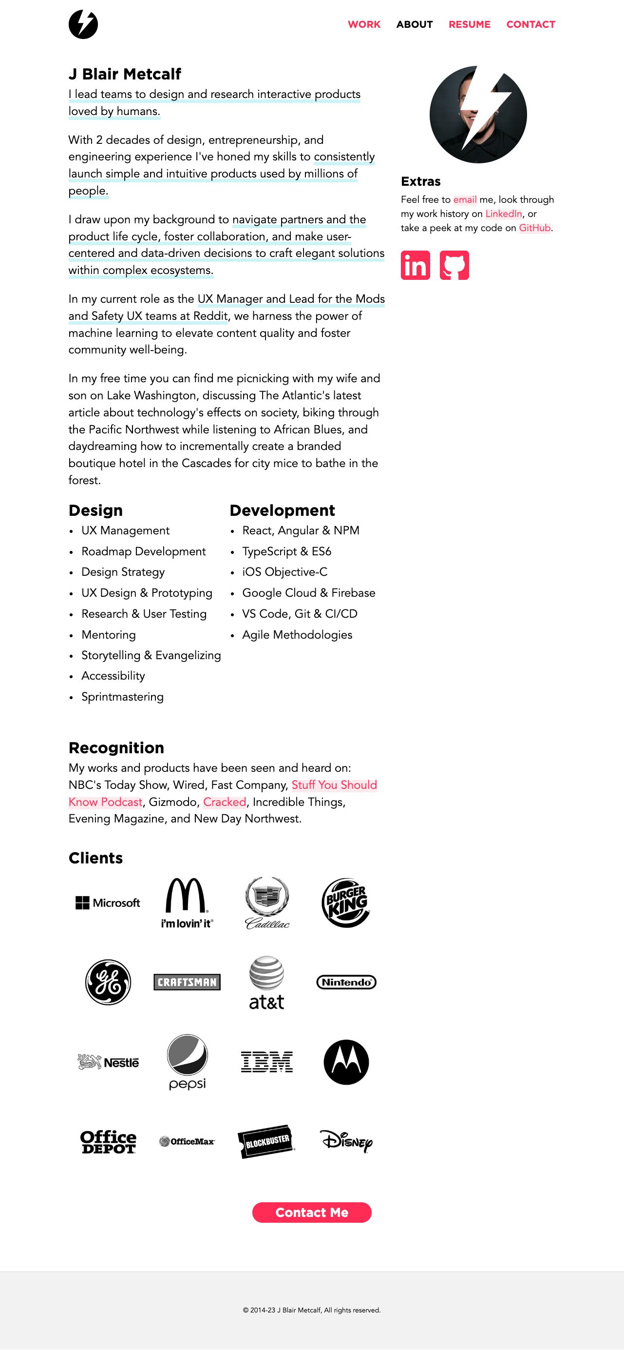 The previous about page: a short biography beside the bolt portrait, two lists of skills, press mentions and a wall of client logos.