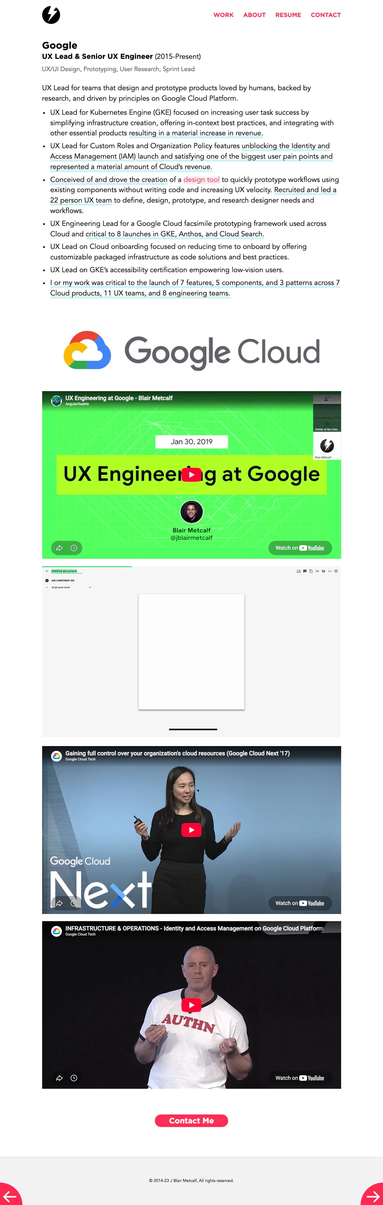 The previous Google page: a long bulleted list of responsibilities, the Google Cloud logo, and embedded conference talks.