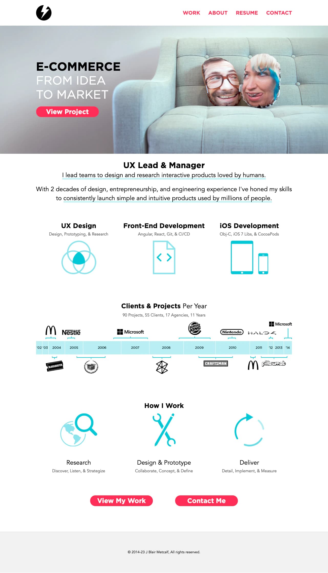 The previous home page. A photo of two face pillows on a sofa under the words "E-commerce, from idea to market", then the title UX Lead and Manager, skill icons, a timeline of clients and a three-step process.