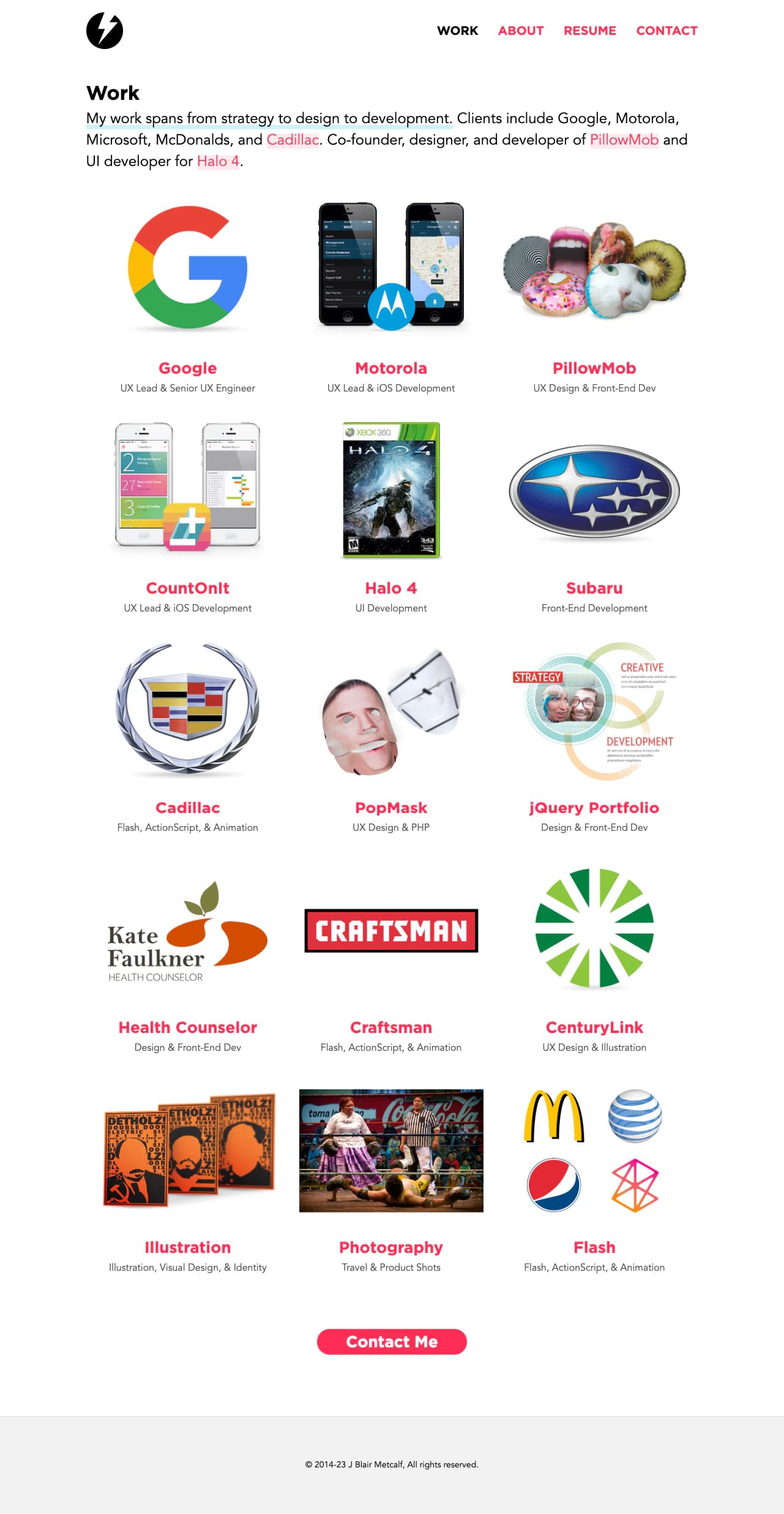 The previous work page: a grid of project thumbnails, among them Google, Motorola, PillowMob, CountOnIt, Halo, Subaru, Cadillac and Craftsman.