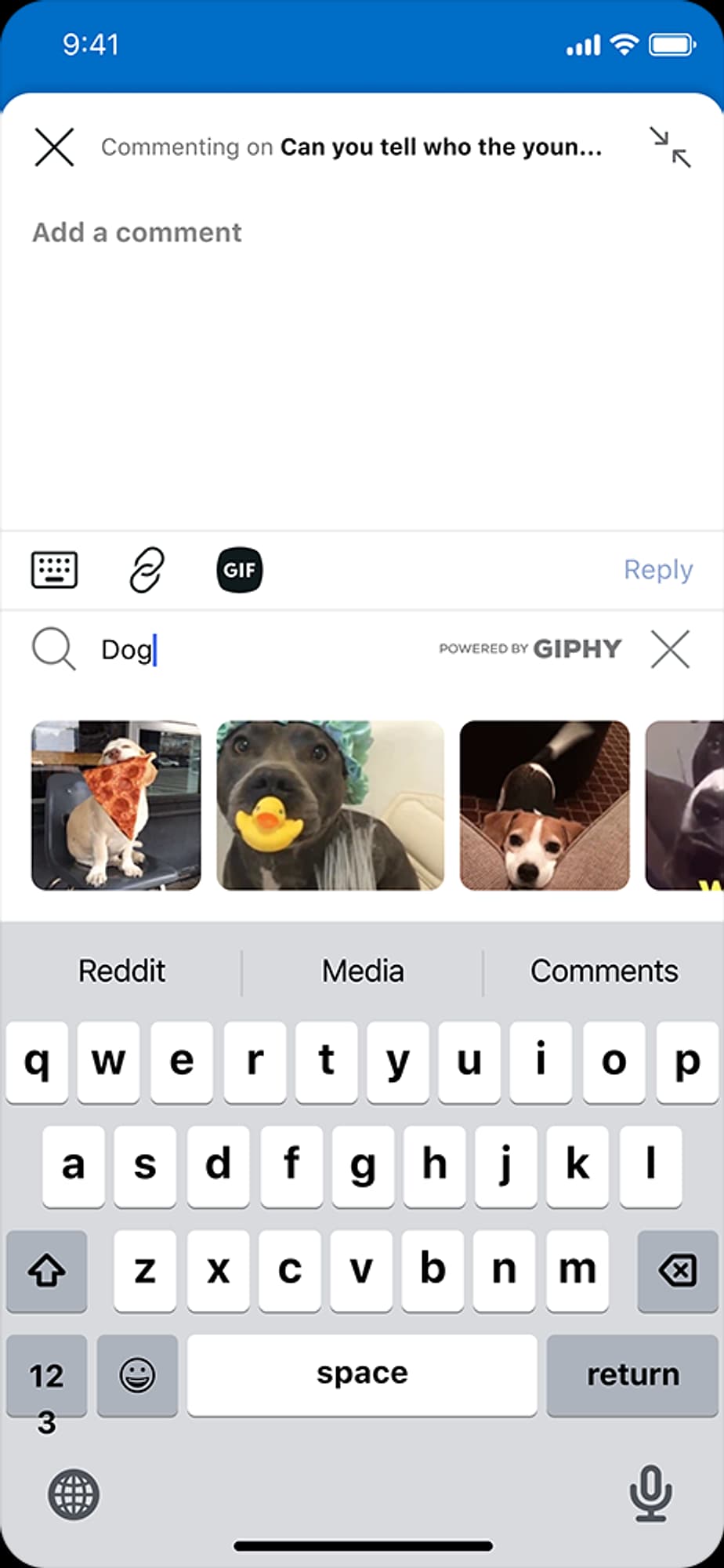 The comment composer on a phone. A row of image, GIF, link, emoji and text-style buttons sits over the keyboard, with a strip of GIFs to pick from.