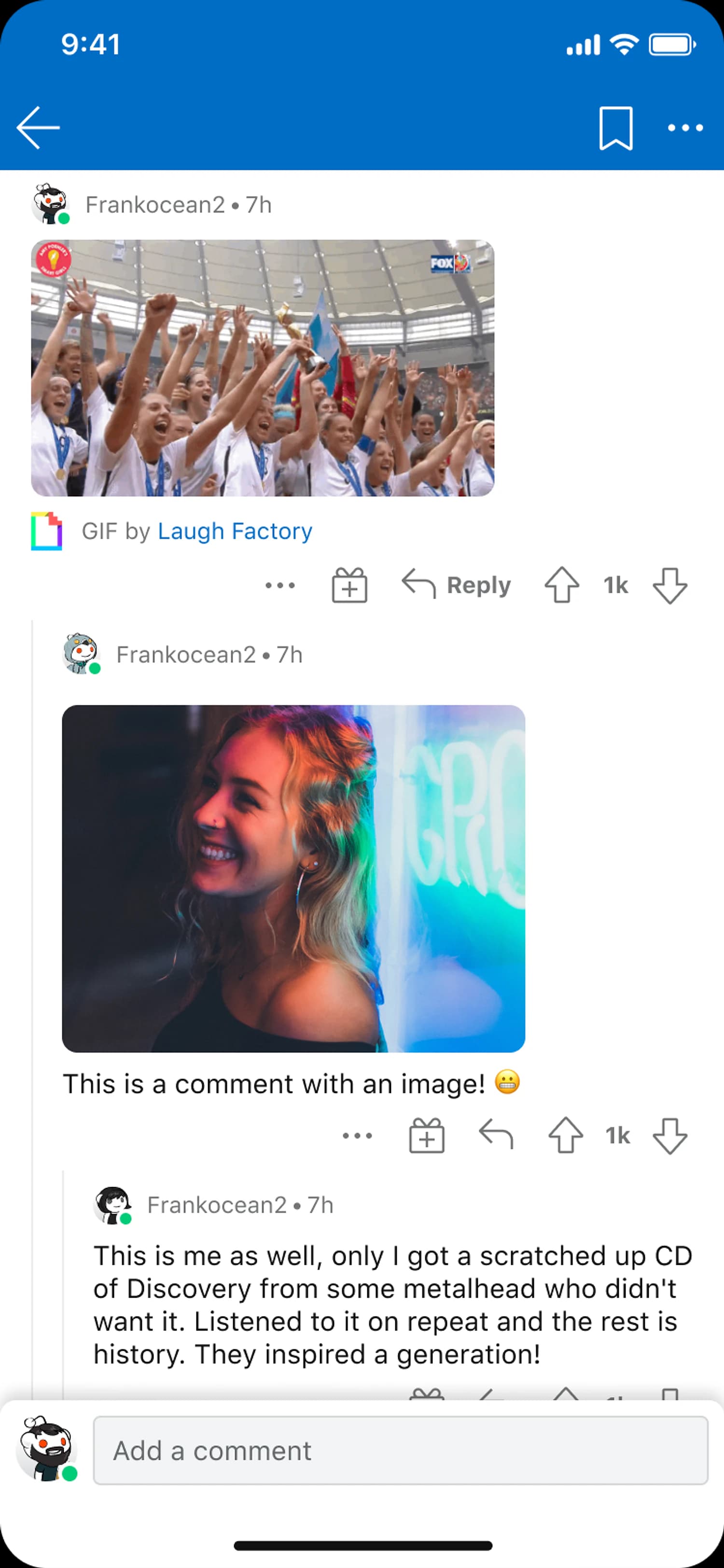 A post detail page on a phone. The comments under it include photos inline.