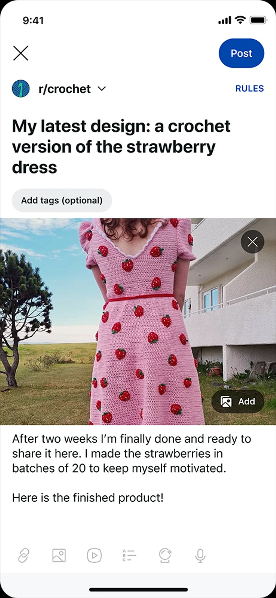The new post composer on a phone: a title, a photo of a crochet strawberry dress and the body text, laid out the way the post will appear.
