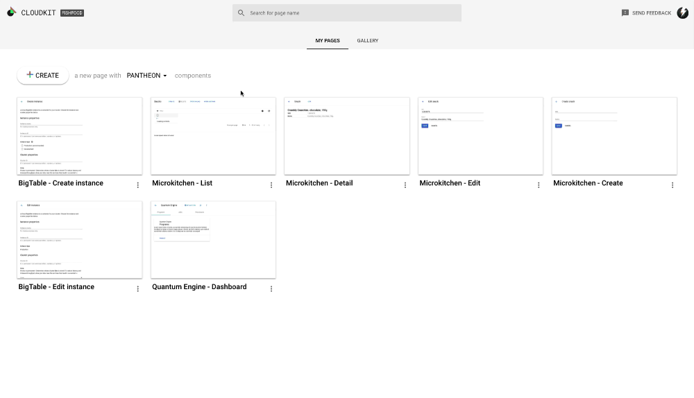 Google Codesign's home screen: a Create button above a grid of saved prototype pages.