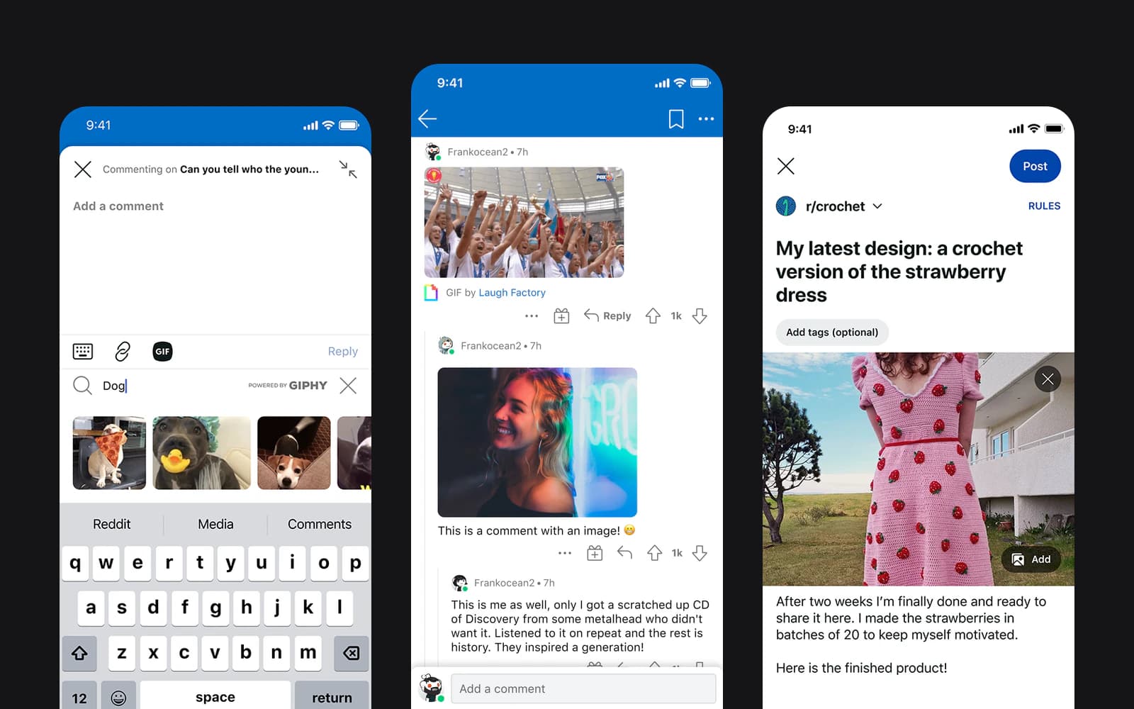 Three phone screens: the comment composer with GIFs to pick from, a comment thread with photos inline, and the post composer showing a crochet dress.