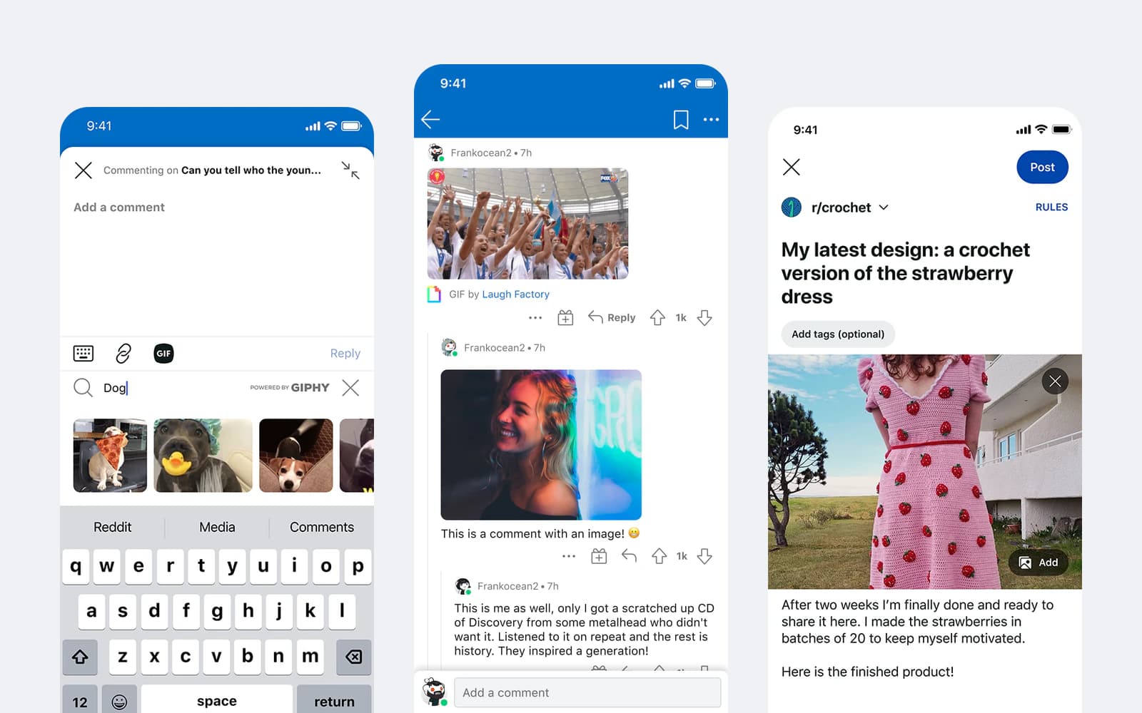 Three phone screens: the comment composer with GIFs to pick from, a comment thread with photos inline, and the post composer showing a crochet dress.