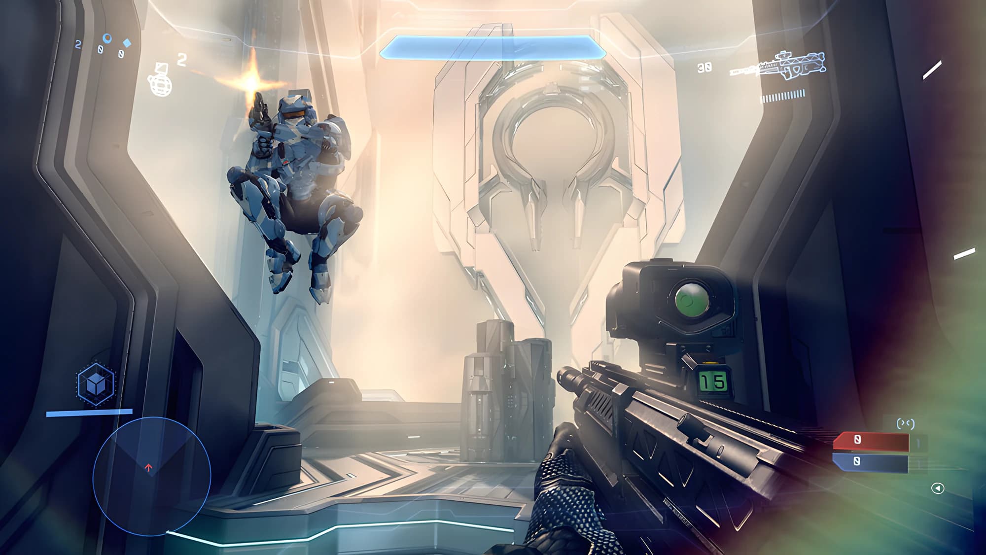Halo 4 in first person, mid-firefight in a sunlit hall. The heads-up display shows a shield bar at the top, a grenade count and motion tracker on the left, the weapon and ammunition at top right, and the team scores at bottom right.
