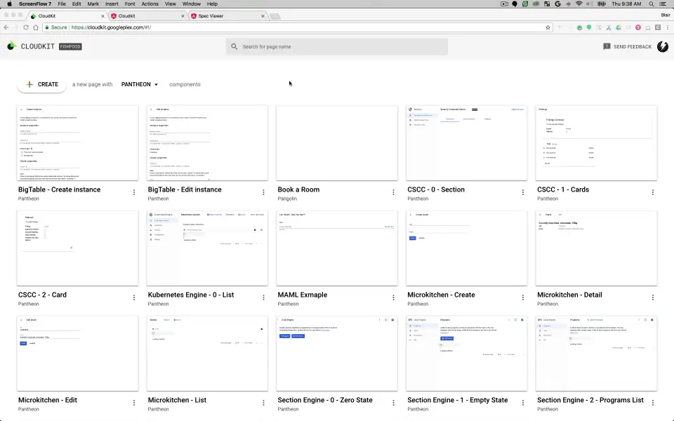 Animated capture of CloudKit, the first version: a dashboard of page templates, then a page being edited with a component tree and a property panel, and previewed.