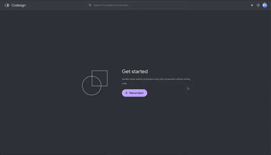 Animated capture of Codesign in dark mode: an empty project with a Get started prompt, then boards, design-system panels and a component being configured.