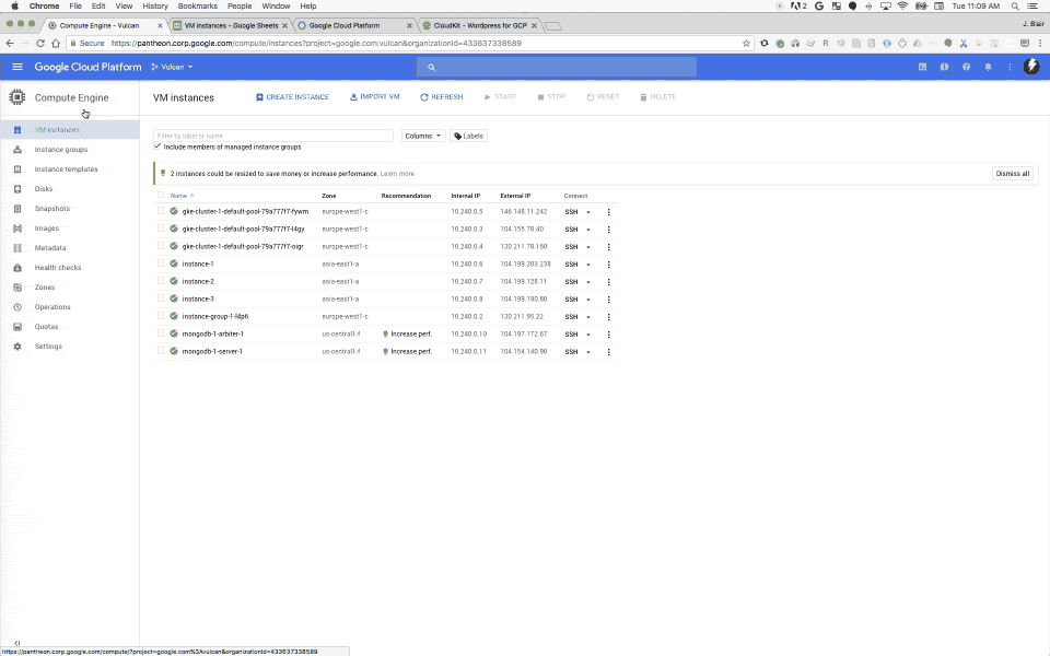 Animated capture of the first prototype: a Google Cloud console page of VM instances being built and previewed in the browser.