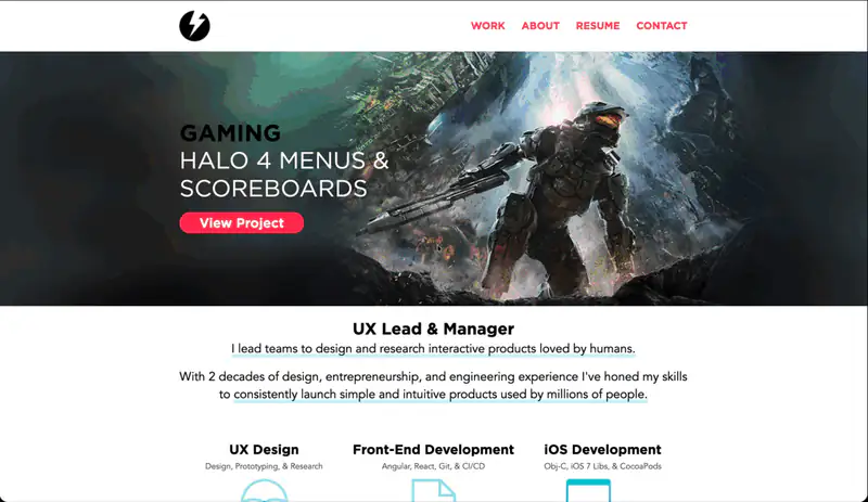 Screen recording of the previous site, scrolled end to end: a Halo 4 hero, the UX Lead and Manager title, a timeline of client logos, a work grid, a long Google page with embedded talks, and an about page. Red quarter-circle arrows sit in the corners of the screen throughout.