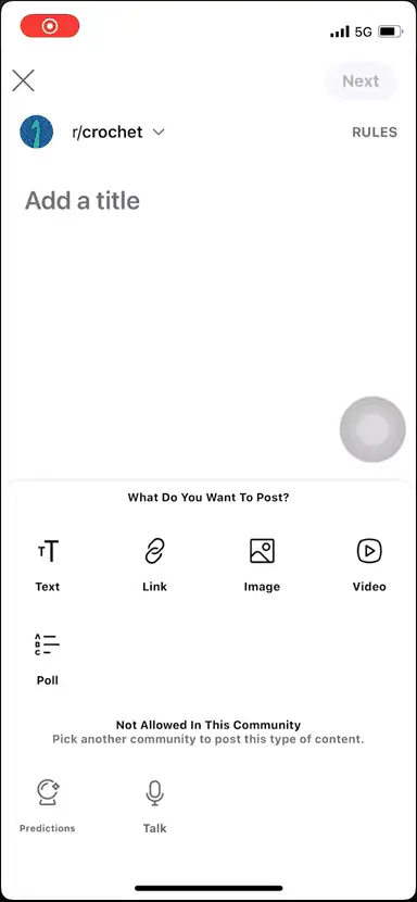 Animated capture of the old posting flow on a phone: a blank title screen, then a row of post types to choose from before anything can be added.